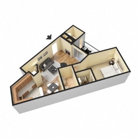 the upper floor of a small house with a bathroom and a living room